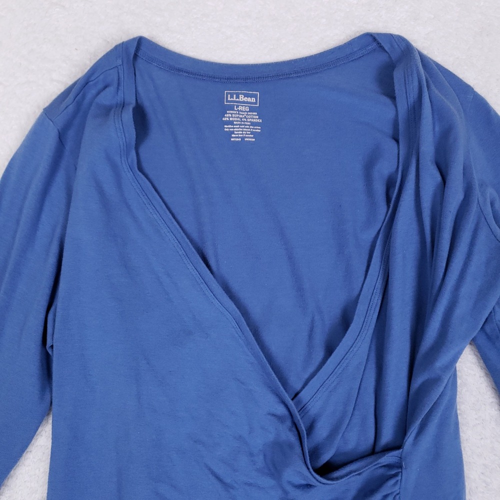 LL Bean Faux Wrap Top Womens Large Blue Supima Cotton Modal Long Sleeve Casual - Picture 2 of 7